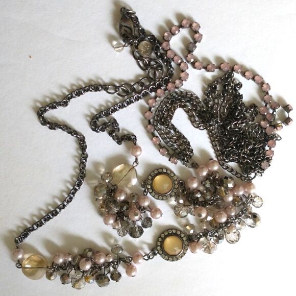 Bohemian Multi Strand Necklace Rhinestones Beaded Gunmetal Simply Vera Wang - Picture 7 of 16
